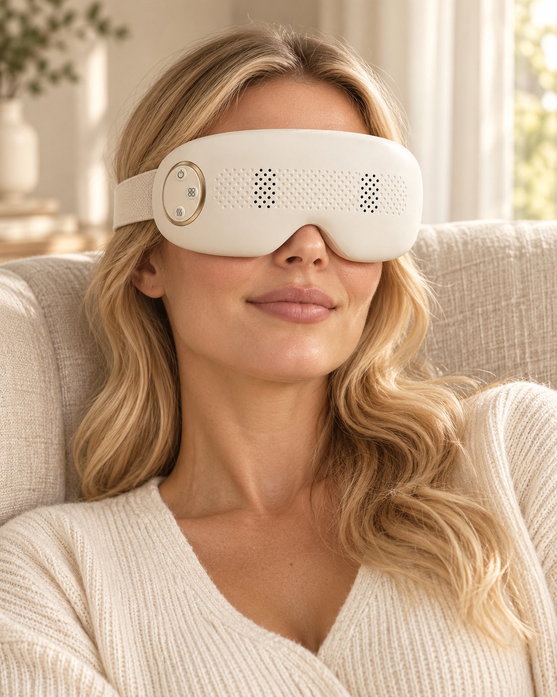 Blonde woman relaxing by a window wearing the ivory Mistelle Eye Mist Massager