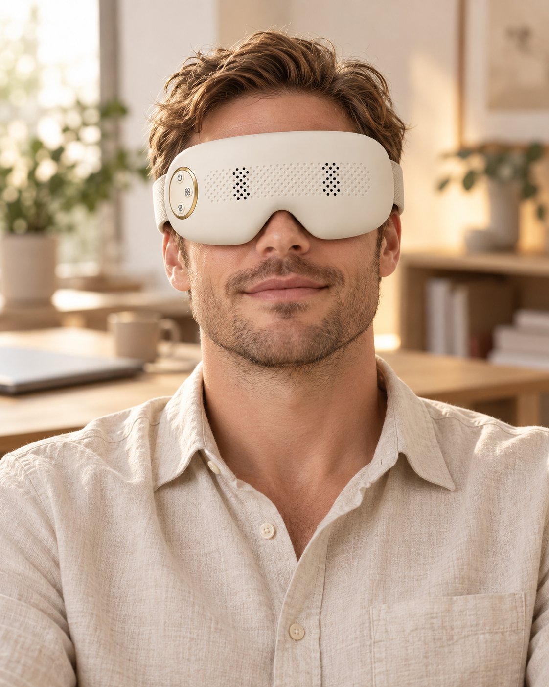 Man taking a quiet break wearing the ivory Mistelle Eye Mist Massager