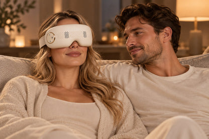 Couple relaxing together on a sofa, with the woman wearing the Mistelle Eye Mist Massager