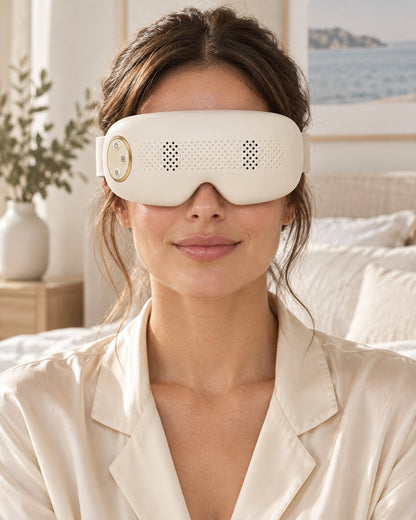 Brunette woman enjoying a morning rest wearing the ivory Mistelle Eye Mist Massager