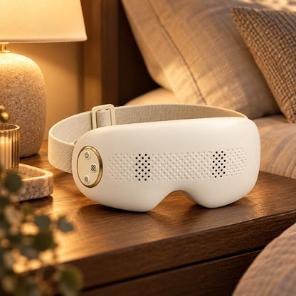 Mistelle Eye Mist Massager on a bedside table in warm evening lamplight