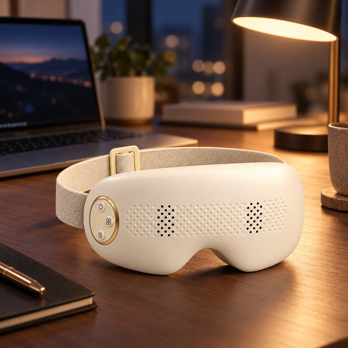 Mistelle Eye Mist Massager on a desk at night beside a laptop and lamp