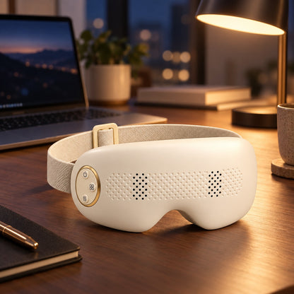 Mistelle Eye Mist Massager on a desk at night beside a laptop and lamp