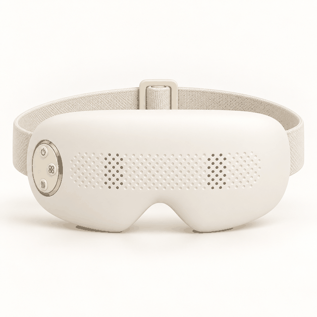 Animated product showcase: front, angled and interior views of the Mistelle Eye Mist Massager
